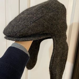 Men's Vintage 100% Wool Tweed Quilted Flat Cap with Ear Flaps